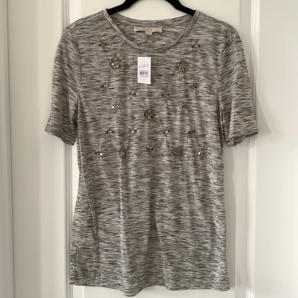 NWT LOFT Marled Black And White Jeweled Crewneck Short Sleeves Top Size S